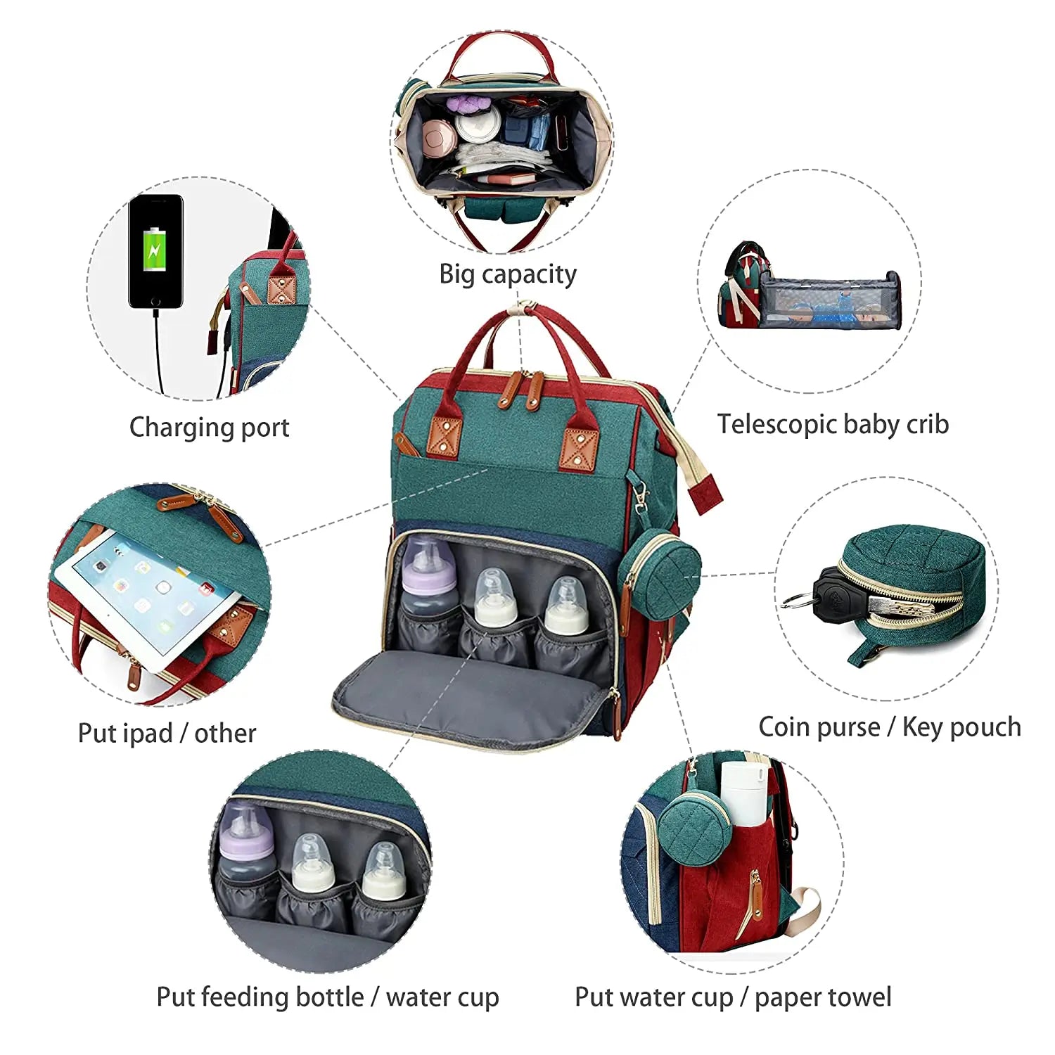 3 In 1 Diaper Bag Backpack Foldable Baby Bed Waterproof Travel Bag with USB Charge Diaper Bag Backpack with Changing Bed 3 types