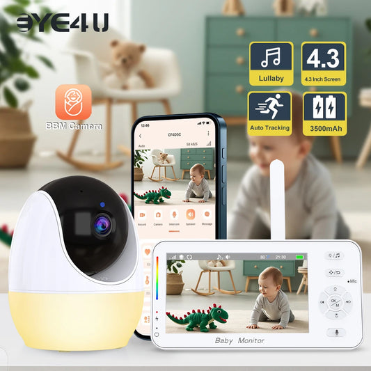 Video Baby Monitor Camera With 4.3 Inch Display Pan Tilt Zoom Auto Tracking APP View Control Night Light Babyphone Surveillance